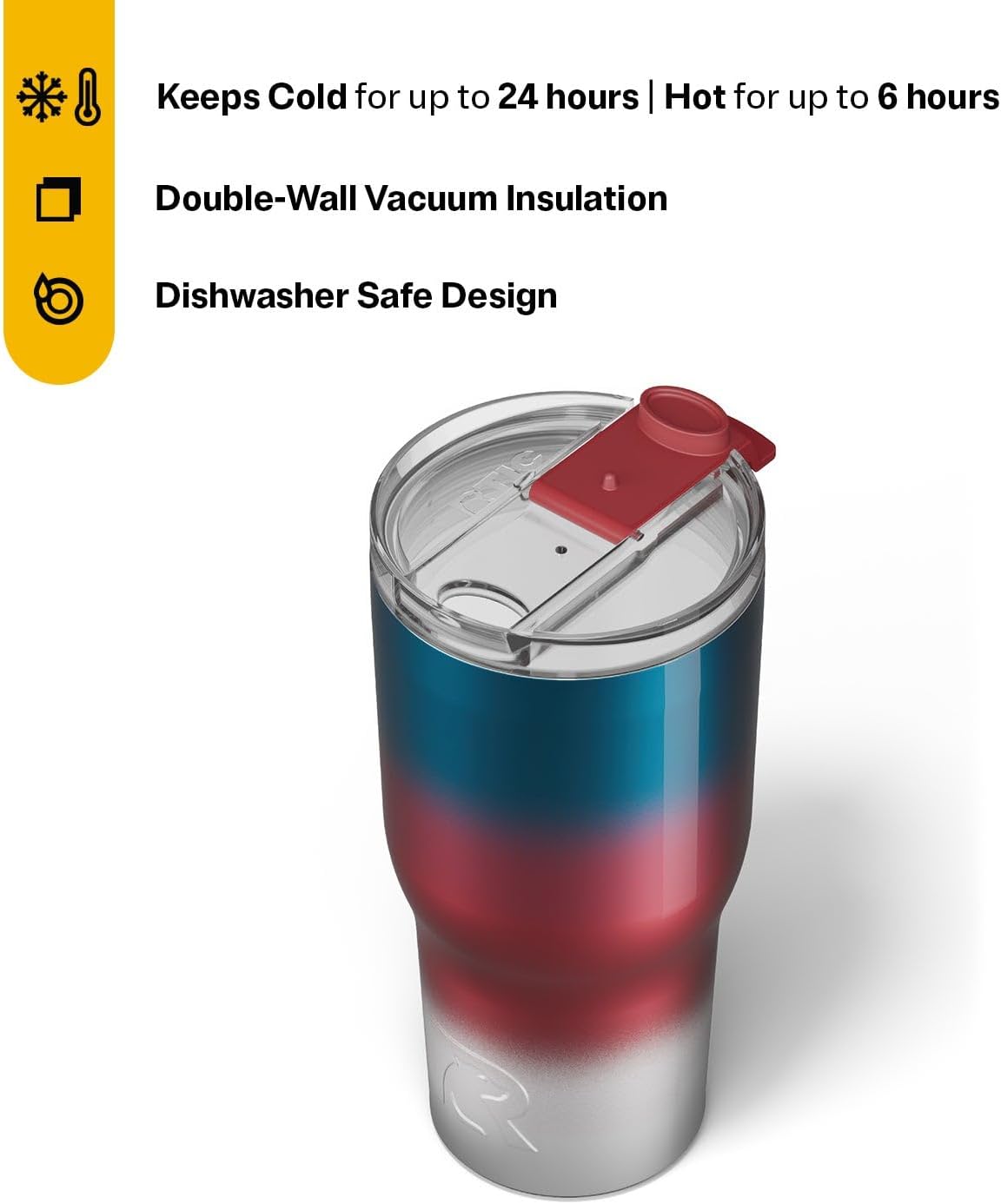 RTIC 30oz Essential Tumbler with Lid, Ceramic Lined, Insulated, Stainless Steel, Metal, Double Wall Vacuum-Insulation, Travel Cup for Iced Coffee, Tea, Hot and Cold Drink, Patriot Metallic
