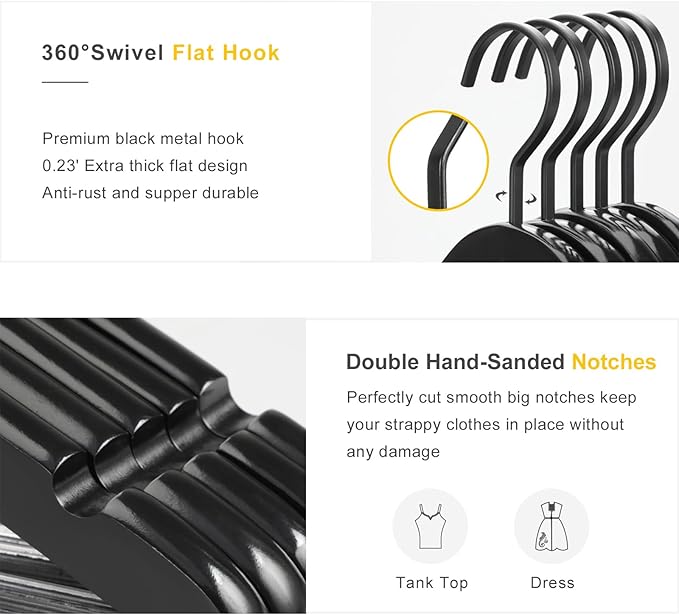 TOPIA HANGER Premium Wooden Hangers, Luxury Boutique Wood Hangers with Extra Thick Hook and Non Slip Pants Bar, Heavy Duty Coat Hanger with Notches 16 Pack, Black -CT01B