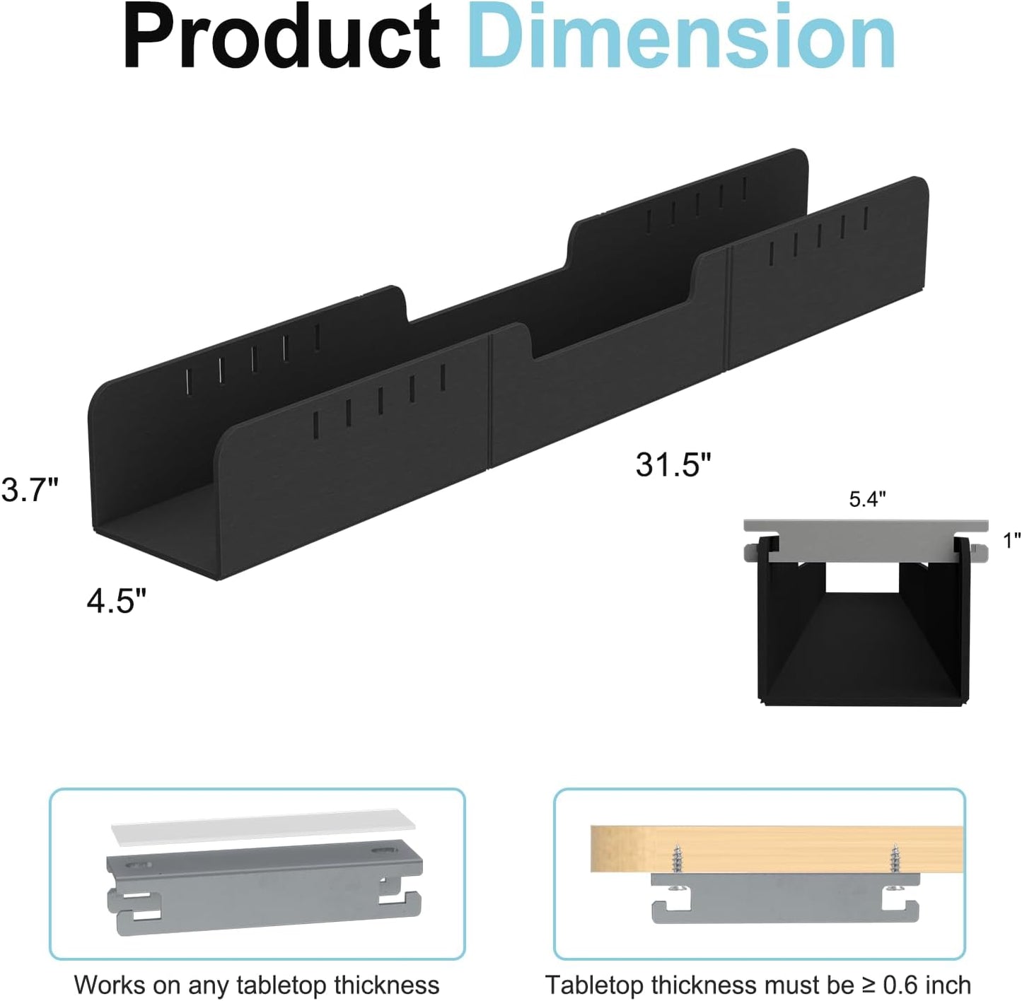 Cable Management for Under Desk,31.5" Standing Desk Cord Management Tray,Upgraded Thickened Felt Cord Organizer Tray for Office, Home, Self-Adhesive Or Bracket Mount Cable Holder,Black