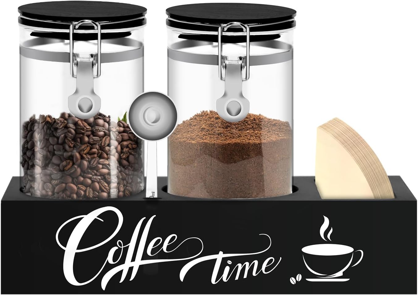 Glass Coffee Containers with Shelf Coffee Station Organizer 54oz Black Glass Coffee Bar Accessories Coffees Filter Holder for Kitchen Organization Coffees Bean Storage Canister