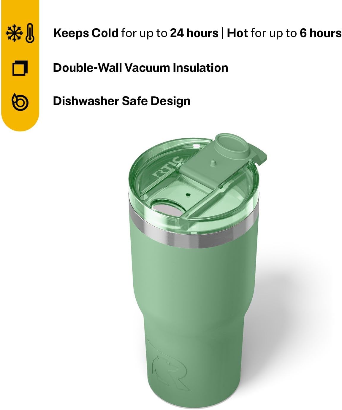 RTIC 20oz Essential Tumbler with Lid, Ceramic Lined, Insulated, Stainless Steel, Metal, Double Wall Vacuum-Insulation, Travel Cup for Iced Coffee, Tea, Hot and Cold Drink, Sage