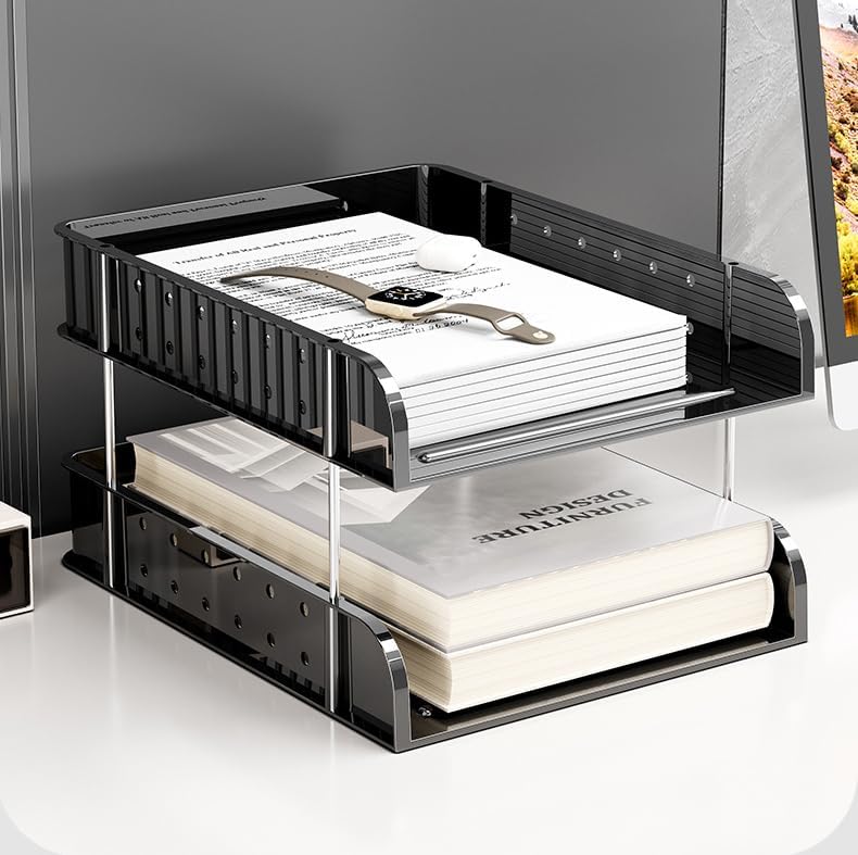 Black Acrylic Desk Organizer, Multi-Tier Letter Tray with Pen Holder, Office Storage for Documents and Supplies