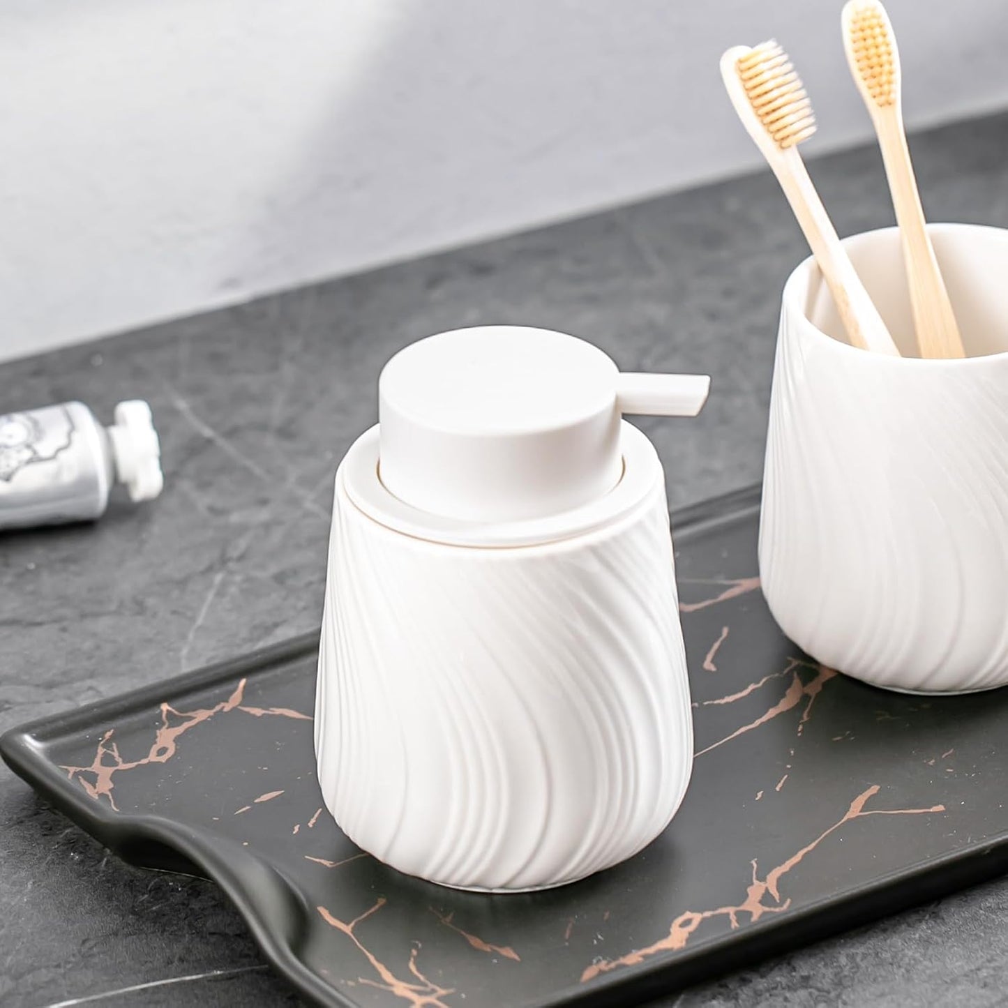 Foam Hand Soap Dispenser - 13.5 oz Ceramic foaming Hand soap Dispenser with Easy-to-Press Pump for Bathroom refillable Liquid Hand soap Dispenser (Foam-White)