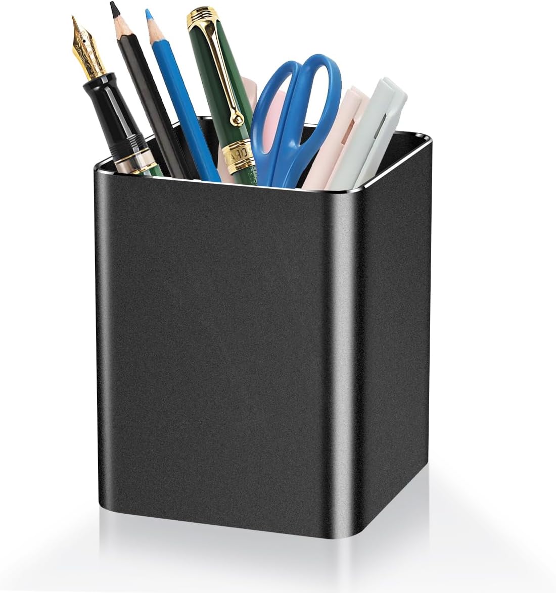 Pen holder,square pen cup, Metal pen pencil holder, desktop pencil cup stationery organization office desktop accessories, suitable for office, school, home and stationery supplies. (Black)