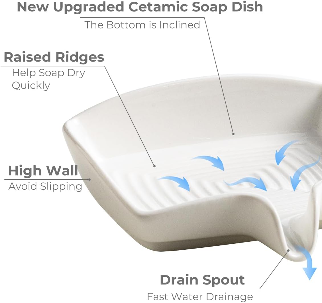 Soap Dish with Waterfall Design, Ceramic Soap Holder Self Draining Bar Soap Saver for Sink Bathroom Shower Kitchen to Keep Organized and Clean, White