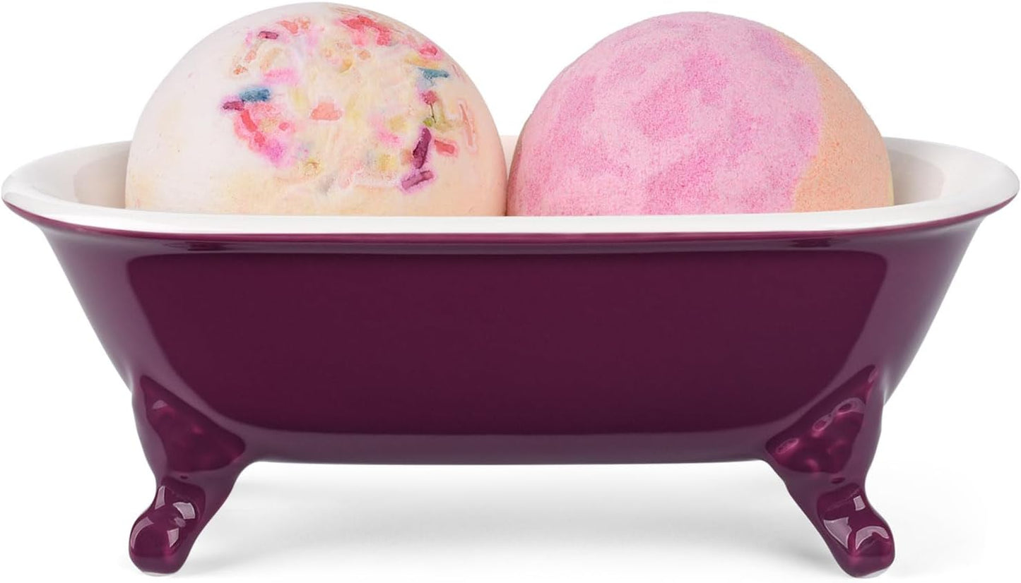 6.5" Ceramic Mini Decorative Clawfoot Bathtub Bar Soap Dish, Kitchen Sponge Holder and Shower Tray for Bathroom, 1 Pack(Burgundy)