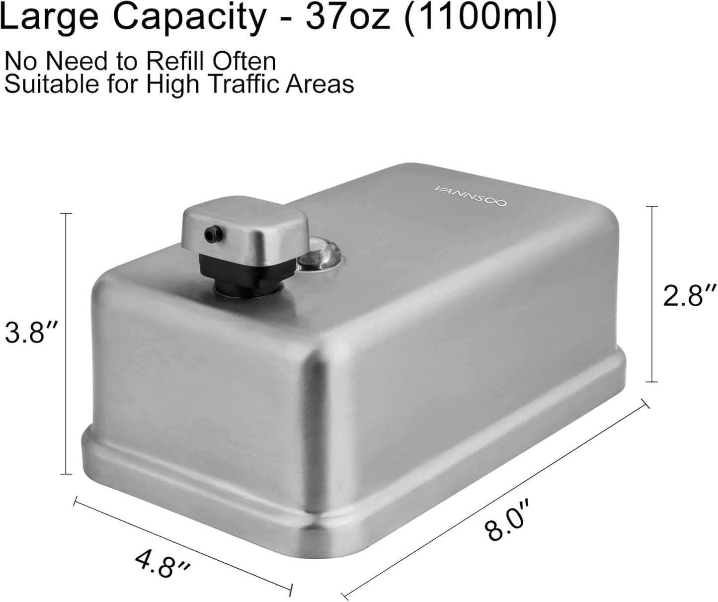 Wall Mounted Soap Dispenser Bathroom, 1100ml 37oz Commercial Stainless Steel Liquid Soap Dispenser Wall Mount (Vertical Brushed)