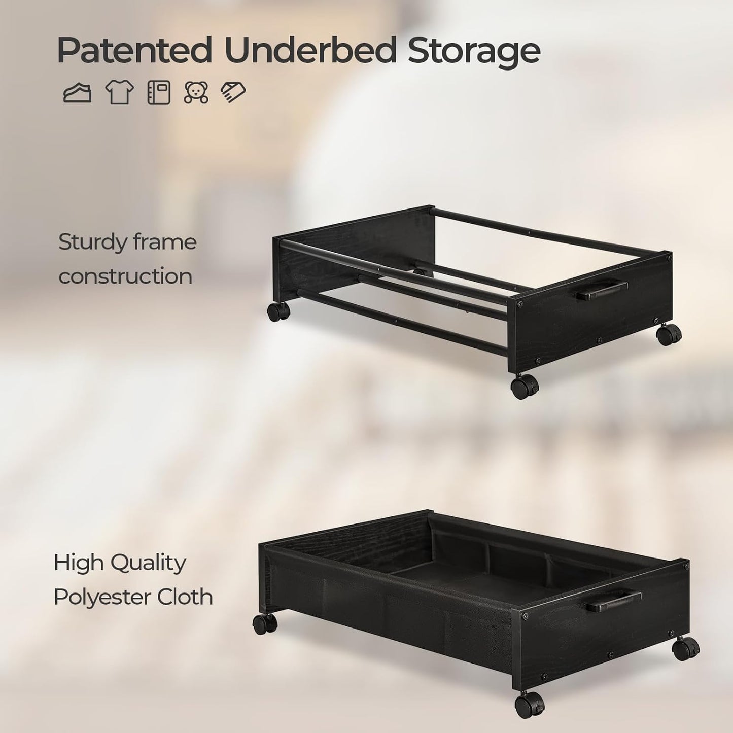 Under Bed Storage with Wheels, Wooden Under Bed Drawers On Wheels, Rolling Under Bed Shoe Storage, Space Saving, Black,30L