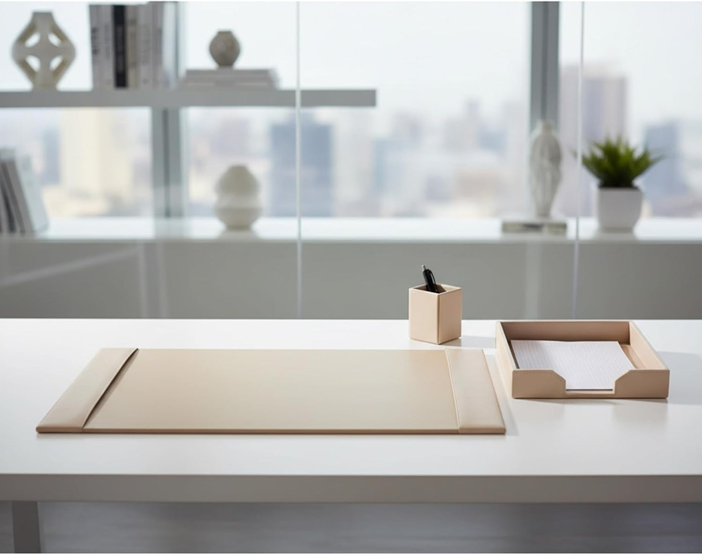 Dacasso Bonded Set Luxury Leather Desk Pad & Desk Organization Essentials, 3 Piece, White Latte