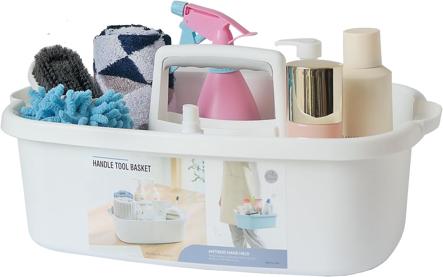 Cleaning Supplies Caddy, Large Plastic Shower Caddy Basket with Handle, Portable Cleaning Tool Storage Tote for Dorm, Bath, Pantry (grey, White, blue) (White)