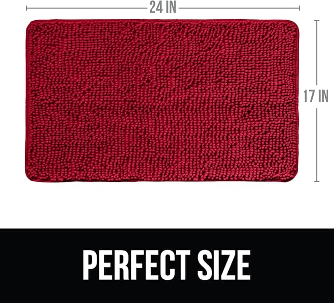 KANGAROO Bathroom Rugs, Chenille Soft Absorbent Bath Rug, Shaggy Shower Mat, Quick Dry Machine Wash Bathmat, Plush Carpet Mats for Tub, Bathtub and Room Home Decor Accessories, 24x17, Red