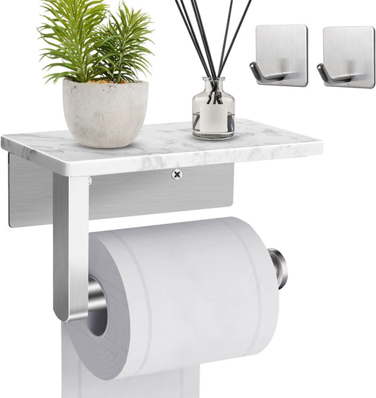 Toilet Paper Holder with Marble Shelf, SUS304 Stainless Steel Wall Mounted Toilet Paper Holder and 2 PCS Free Adhesive Hooks for Bathroom Washroom
