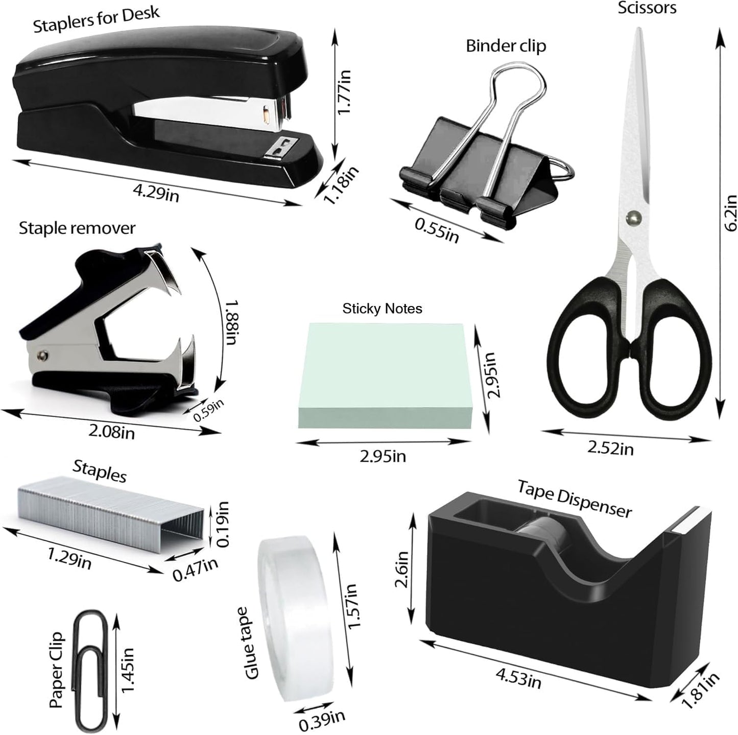Black Office Desk Accessories, Black Office Supplies Set, Desk Drawer Organizer,Stapler and Tape Dispenser Set,Tape,Staple Remover, Staples, Paper Clips, Scissor and Sticky Note