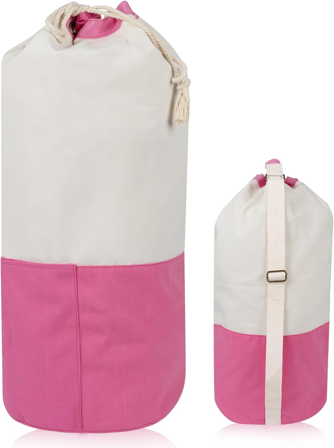 Single-shoulder backpack-style laundry bag with shoulder strap and pockets, made of durable canvas material, with drawstring closure design, suitable for college, travel, laundromats, and apartments.
