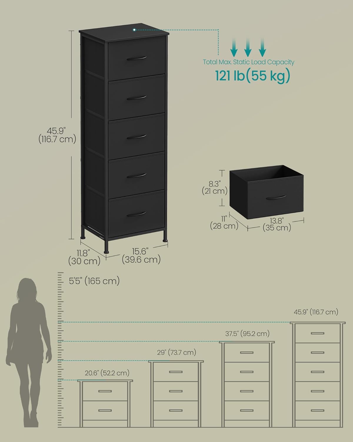 SONGMICS Dresser for Bedroom, Chest of Drawers, Steel, MDF, 5 Non-Woven Fabric Drawers, Storage Organizer Unit, Closet, Entryway, Ink Black and Ebony Black LGS315B01S