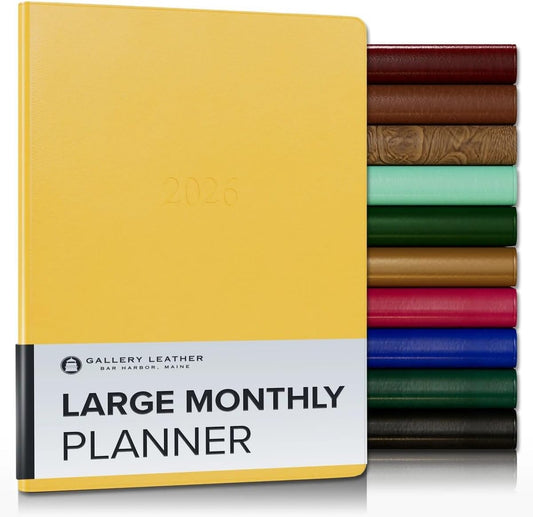 Gallery Leather Large Monthly Planner 2025-2026, Elegantly Bound Calendar Planner and Notebook with Stylish Gold-Gilded Page Edges, 18 Months - Caribbean Yellow - 9.75x7.5"