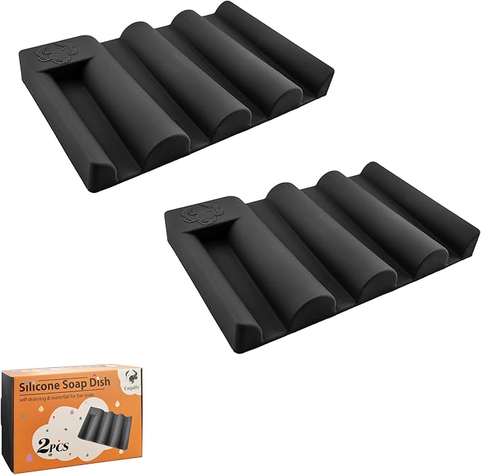 Silicone Soap Dish with Wave Design, Non-Slip, Quick-Drying, Perfect for Bathroom, Kitchen, and Sink Areas (2, Black1)