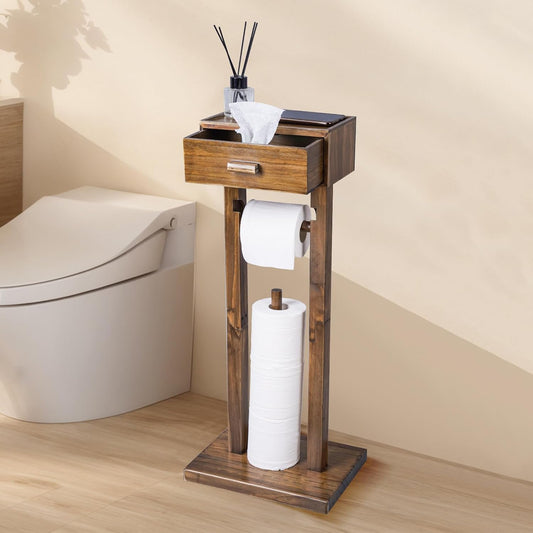 Freestanding Bathroom Toilet Paper Holder Stand with Shelf, Farmhouse Wooden Toilet Paper Roll Holder with Wet Wipes Storage Drawer(Brown)