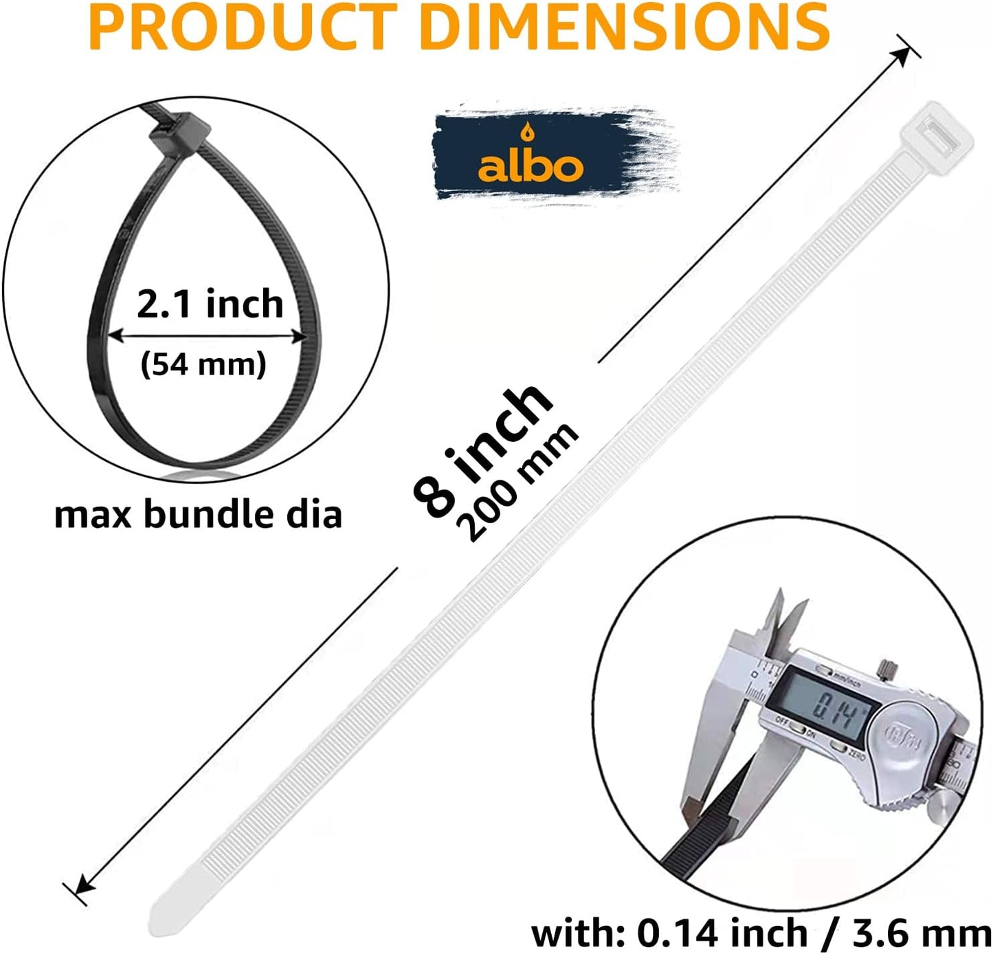 ALBO Zip Ties White 8 Inch 1000 Pack 40 lb, Long Plastic Cable Ties Thick 0.14 Inch Tie Wraps Heavy Duty UV Resistant Nylon Wire Ties for Indoor and Outdoor