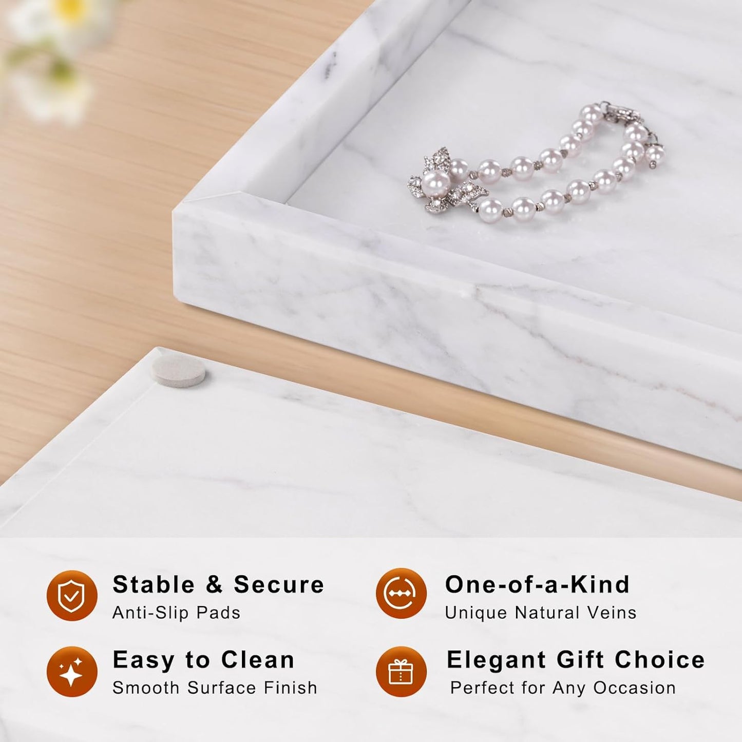 Marble Bathroom Tray for Countertop & Home Decor, Natural Decorative Marble Tray for Jewelry & Perfume Organizer, Luxury Stone Vanity Trays for Dresser, Kitchen Counter, 12" x 8", White