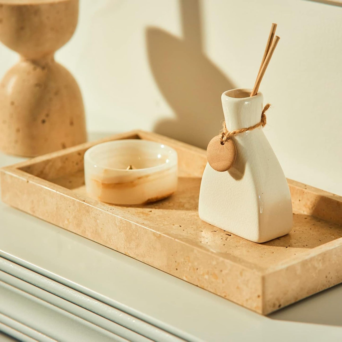 Italian 100% Marble Vanity Tray (12x6in), Counter Organizer for Bathroom, Kitchen, Dresser, Coffee Table, Serving & Decorative (Beige Travertine)