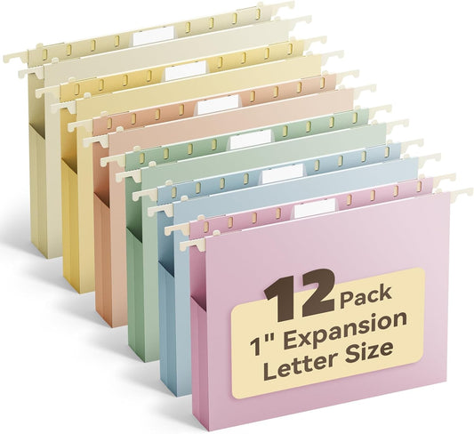 Ansook Plastic Hanging File Folders Letter Size,1" Expandable File Organizer,12 Pack Reinforced Filing Cabinet Folders,File Folder with Tabs,Morandi Colored Heavy Duty Hanging Folders for Office