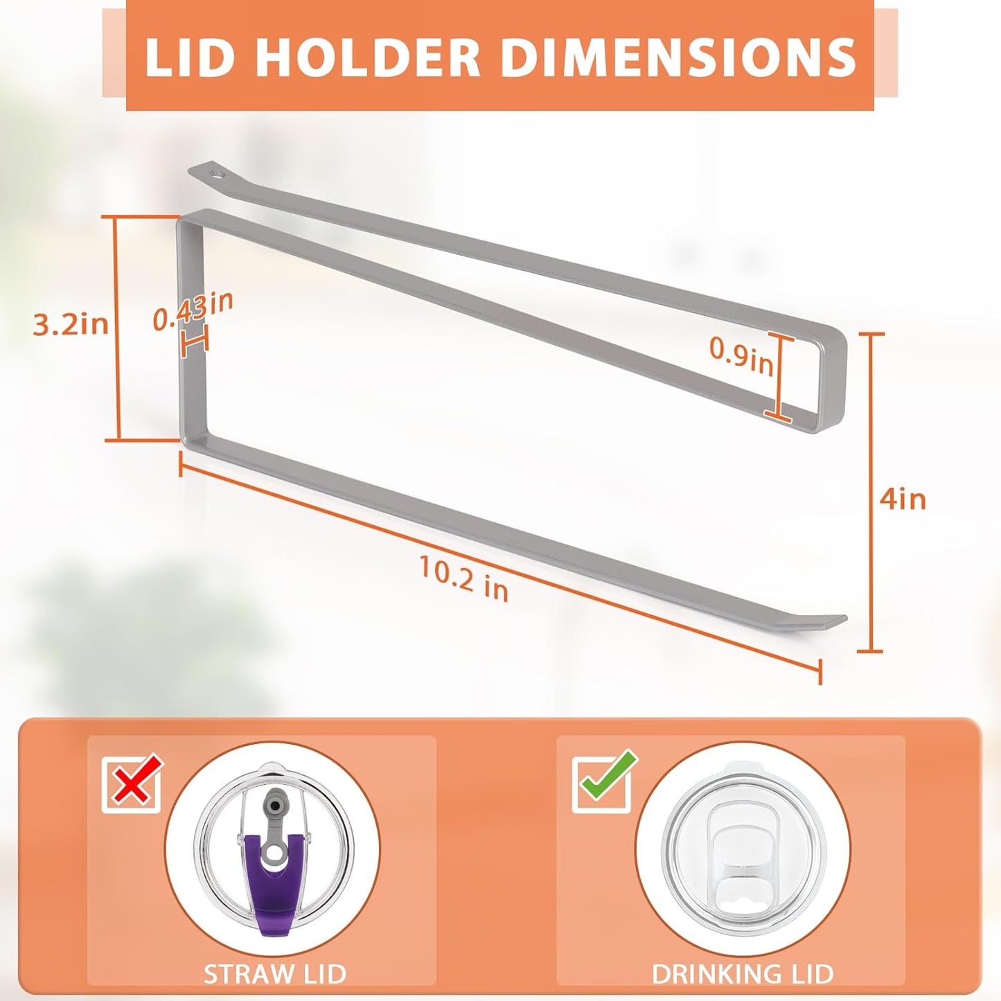 2 Pack Tumbler Lid Organizer, Horizontal Tumbler Lid Storage Hook to Hold Up 20 Lids, Space Saving Cup Lid Holders Under Cabinet Tumbler Lid Hook for Kitchen Organizer, Paper Towel Rack Hanger (Gray)