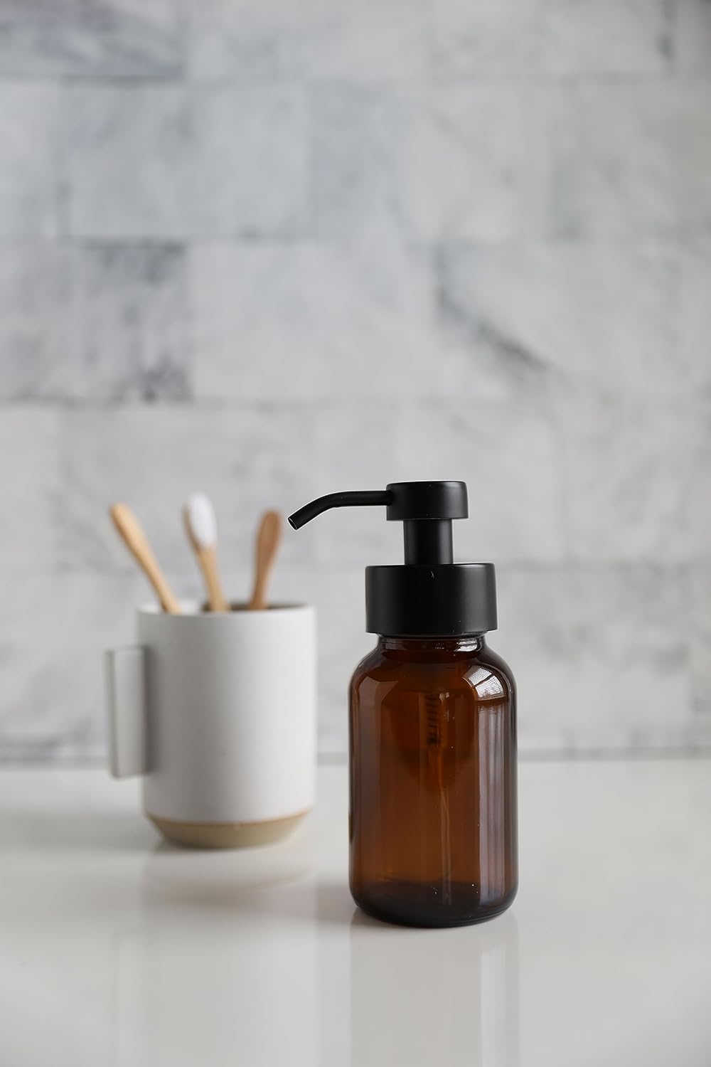 Rail19 Amber Glass Apothecary Foaming Soap Dispenser with Metal Pump - for Kitchen and Bathroom Countertop, 8.5oz (Black)