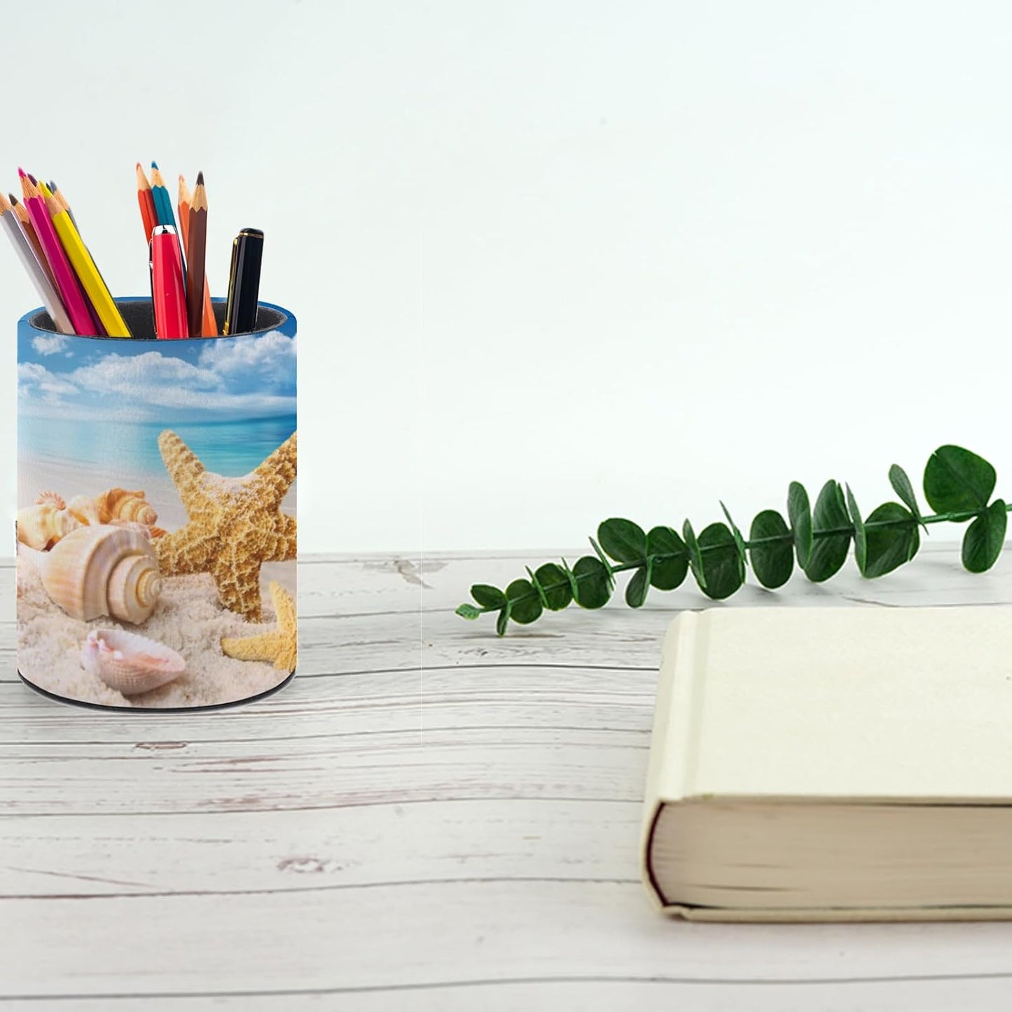 Beach Starfish Seashell Pen Holder Pencil Organizer Cute Pencil Cup Desk Decor Makeup Brush Holder PU Multifunctional Office Suppliesfor Home Classroom School