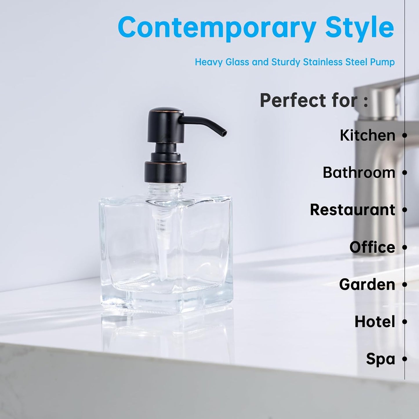 Square Bathroom Soap Dispenser Oil Rubbed Bronze, Glass Bottles with Stainless Steel Pump Retangle Cube Liquid Soap Dispenser Hand Kitchen with Waterproof Lables