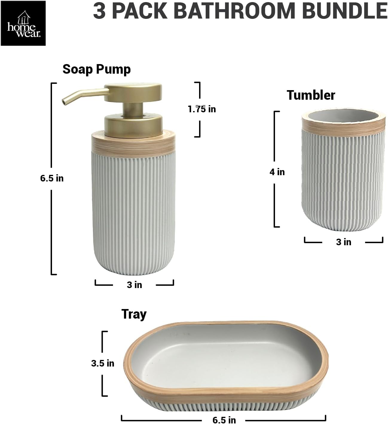 3-Piece Bath Accessories Set with Vanity Tray, Lotion Soap Pump, Bathroom Tumbler, Countertop Organizer, Grey