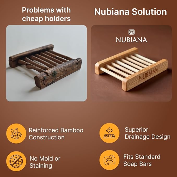 Nubiana Bamboo Soap Dish for Shower - Set of 2 Natural Wood Soap Holder with Drainage - Bar Soap Saver Tray for Bathroom Counter - Eco-Friendly Soap Dishes - 2 Pack