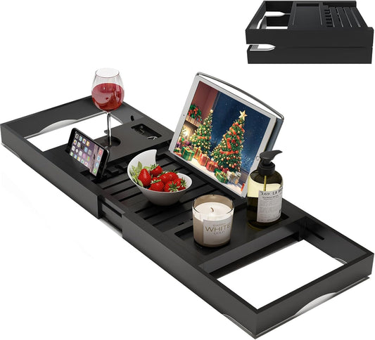 Foldable Bamboo Bathtub Caddy Tray Expandable for Luxury Bath, Bath Accessories & Table with Wine Glass Holder, Book Stand Bathroom Organizer with Extending Sides for Men/Women,Black