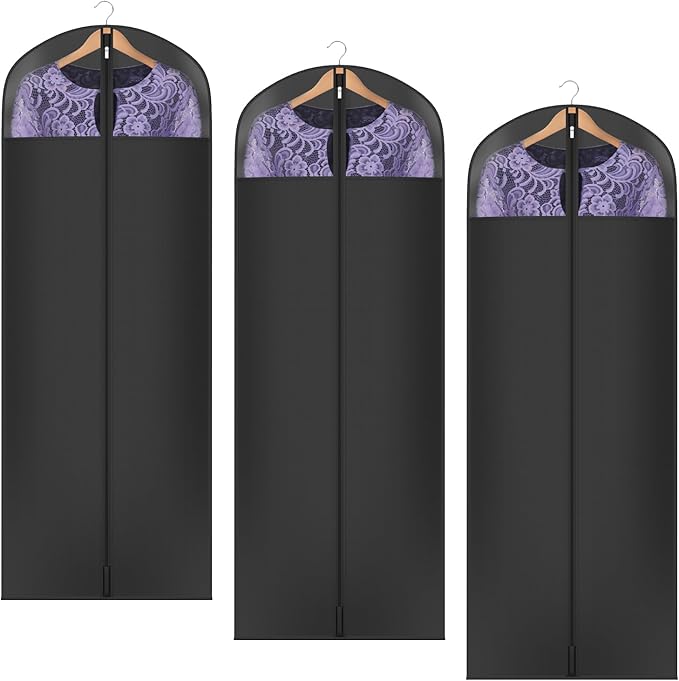 Univivi Long Garment Bags for Hanging Clothes, 65" Dress Bags for Gowns Long for Closet Storage with Large Visible Window for Long Suits, Coats, Dresses, 3 Pack, Black