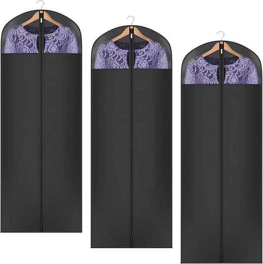 Univivi Long Garment Bags for Hanging Clothes, 65" Dress Bags for Gowns Long for Closet Storage with Large Visible Window for Long Suits, Coats, Dresses, 3 Pack, Black