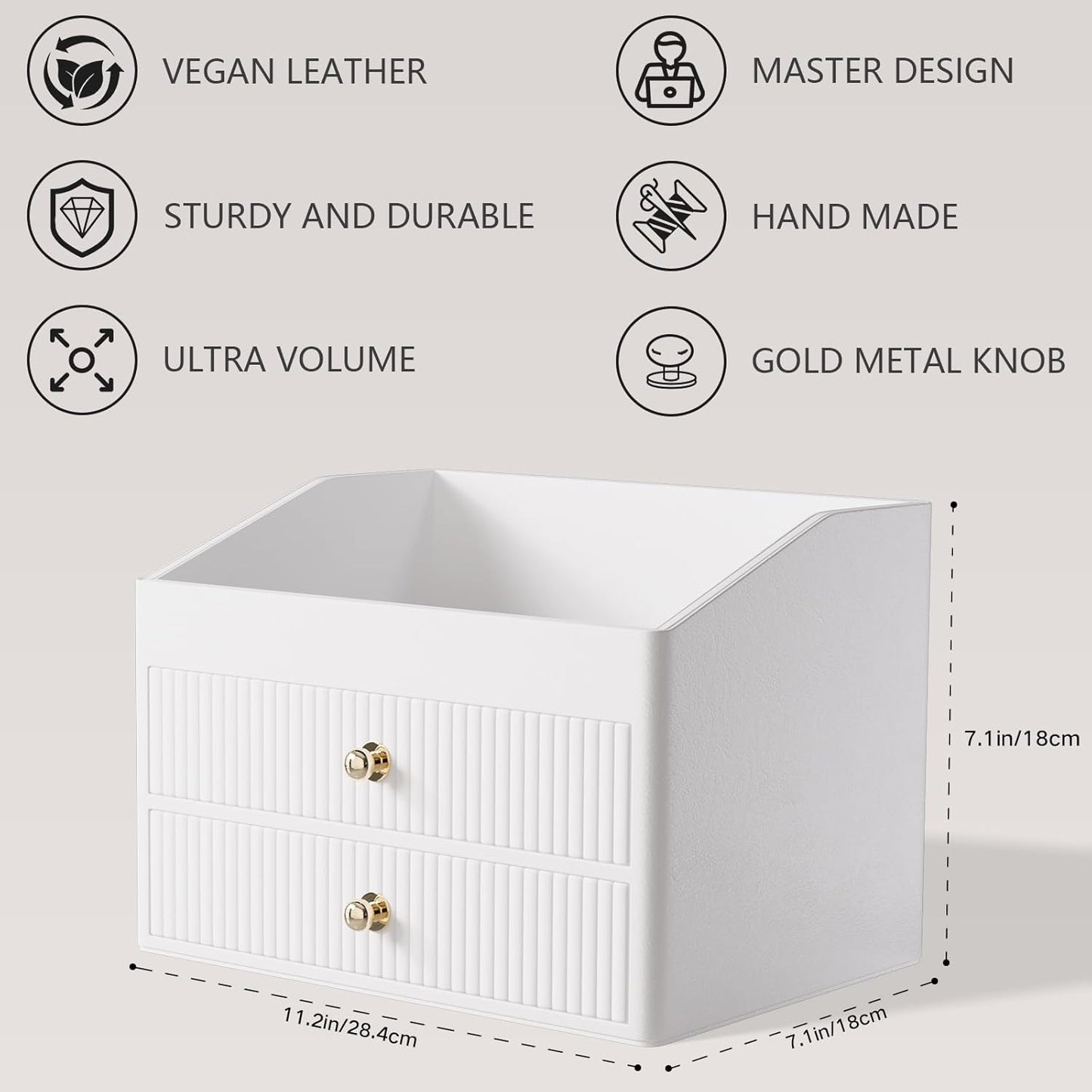 Makeup Organizer Countertop,Leather Makeup Storage with 2 Drawers,Large Capacity Beige White Make up Organizers for Counter,Bedroom,Bathroom,Birthday Gifts for Women