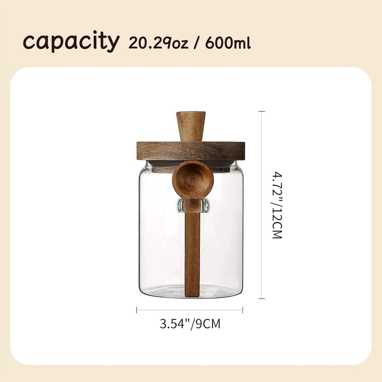 Glass Food Storage Jar with Acacia Wooden Lid and Spoon, Airtight Container for Cereals, Cookies, Snacks, Kitchen Canister Set (1 Pcs, Medium/20oz)