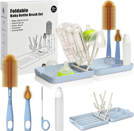 YOTIME Travel Bottle Brush, Travel Bottle Cleaner Kit with Foldable Bottle Drying Rack, for Visit Friends and Relations, Baby Travel Essentials, BPA Free, Blue
