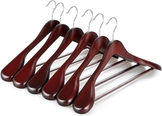 TOPIA HANGER Wide Shoulder Wooden Hangers, Suit Hangers with Non Slip Pants Bar & 360° Swivel Hook, Solid Wood Heavy Duty Coat Hanger, 6 Pack (Matte Cherry)-CT02C