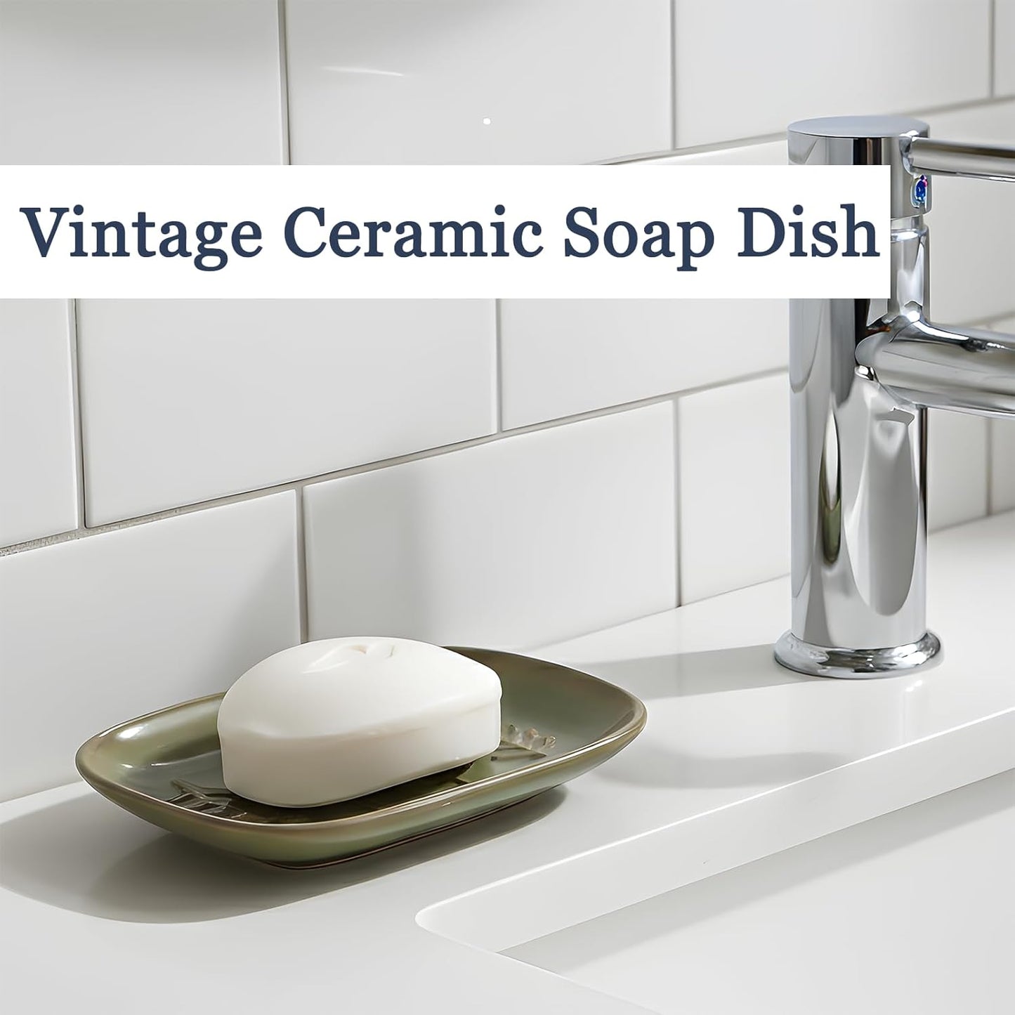 Aesthetic Ceramic Soap Dish for Shower, Soap Holder with Raised Relief, Shower Soap Dish for Shampoo Bar Or Sponge, Soap Saver for Bathroom, Kitchen, Sink, Decorative Soap Tray (Green)