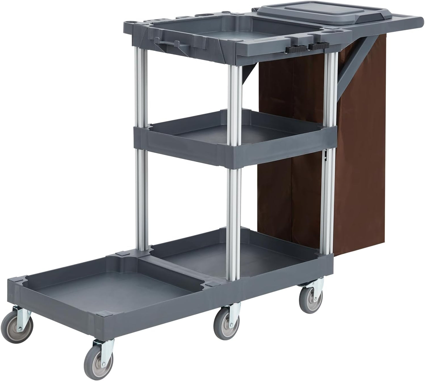 Commercial Janitorial Cleaning Cart on Wheels - Black Housekeeping Caddy with Cover, Shelves and Vinyl Bag