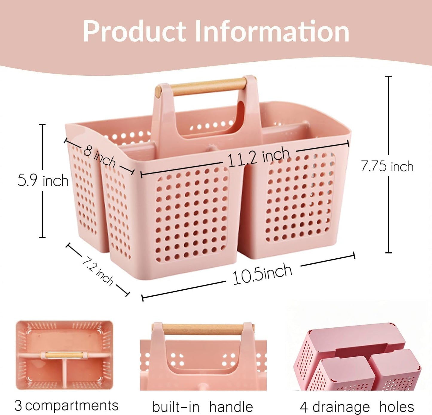 Portable Shower Caddy Basket with Compartments, Plastic Divided Cleaning Caddy Organizer Storage Tote with Handle for Bathroom, College, Dorm Room Essentials, Pink