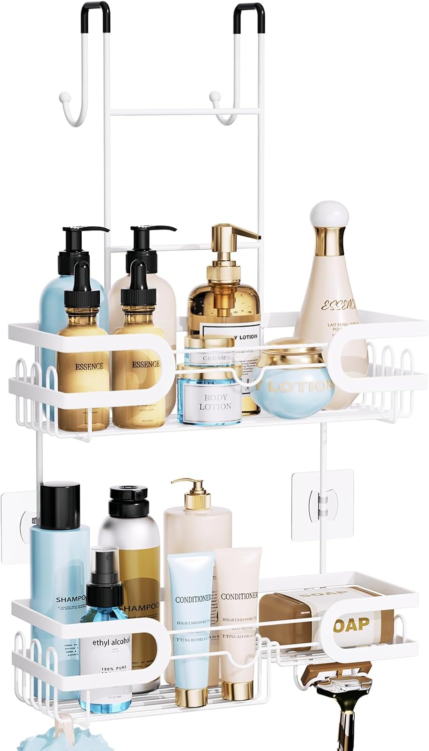 HapiRm Shower Caddy Over Door- Hanging Shower Organizer with 14 Hooks and Soap Holder, Rustproof & Waterproof Stainless Steel Bathroom Shelf - White