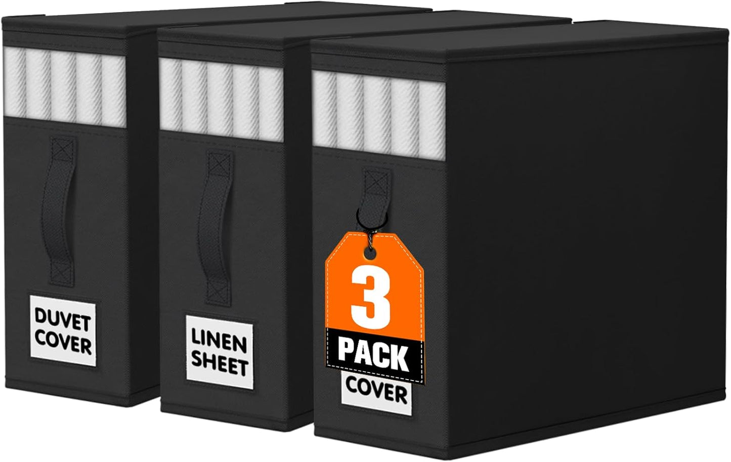 WOWBOX Sheet Organizers and Storage,Closet Bed Sheet Organizer Under Bed Storage and Organization with Label Cards & Clear Window for Bedding Sheets,Duvet Covers,Blankets (3 Pack，Black)