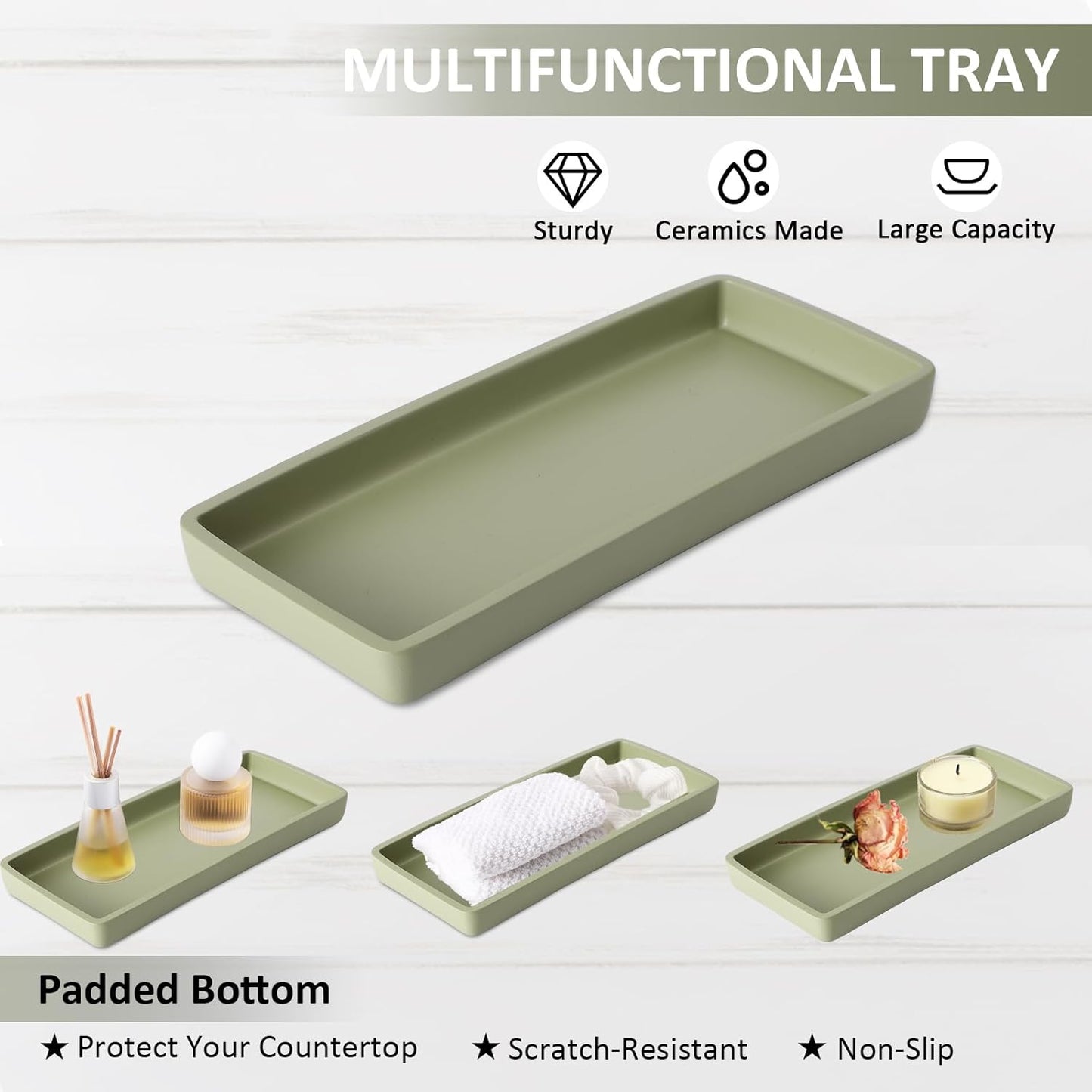 Resin 6 Pcs Green Bathroom Set Complete with Toothbrush Holder, Lotion Soap Dispenser, 2 Qtip Holder Dispensers,Vanity Tray,Bathroom Tumbler - Countertop Vanity Organizer - Bathroom Accessories