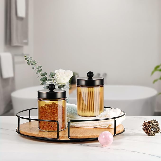Amolliar Bronze Glass Apothecary Jar With Metal Lid & Stickers, Bathroom Qtip Dispenser Storage Canister, Perfect for Cotton Balls, Cotton Swabs, Makeup Pads, Bath Salt, Floss 1 Pack(ORB)