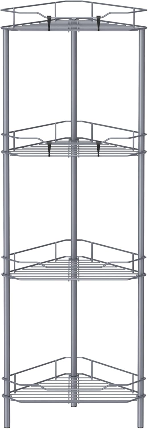 4 Tier Floor Standing Corner Shower Caddy Organizer Shelf with Hooks, Bathroom Shelves Stand Rack, Dark Gray