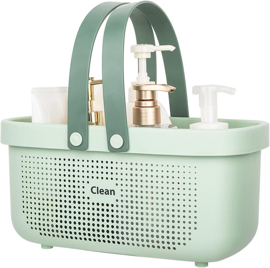 JiatuA Plastic Storage Basket with Handle Portable Shower Caddy Tote Organizer Basket Bin for Bathroom Kitchen Dorm Room Bedroom, Green