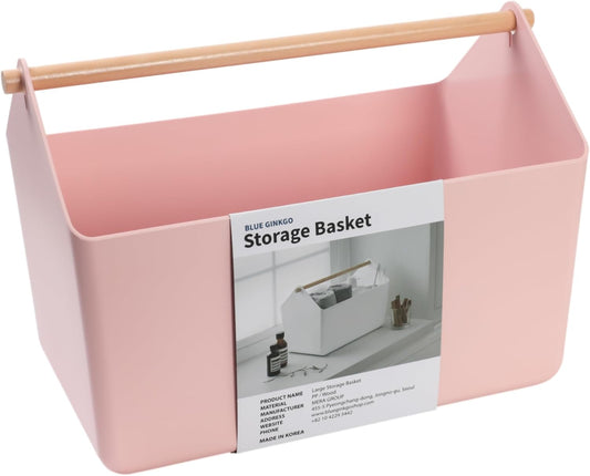 BLUE GINKGO Large Storage Basket – Plastic Caddy with Wooden Handle for Bathroom, Pantry, or Cleaning Supplies (Pink)