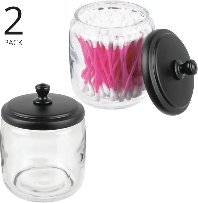 mDesign Small Apothecary Organizer Canister Jars - Glass Containers with Steel Lid for Bathroom, Organization Holder for Vanity, Counter, Hamill Collection - 2 Pack - Clear/Black
